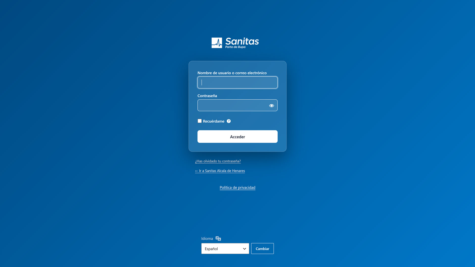 Página de acceso de WordPress de Sanitas Alcalá de Henares personalizada con el plugin Custom Admin Access